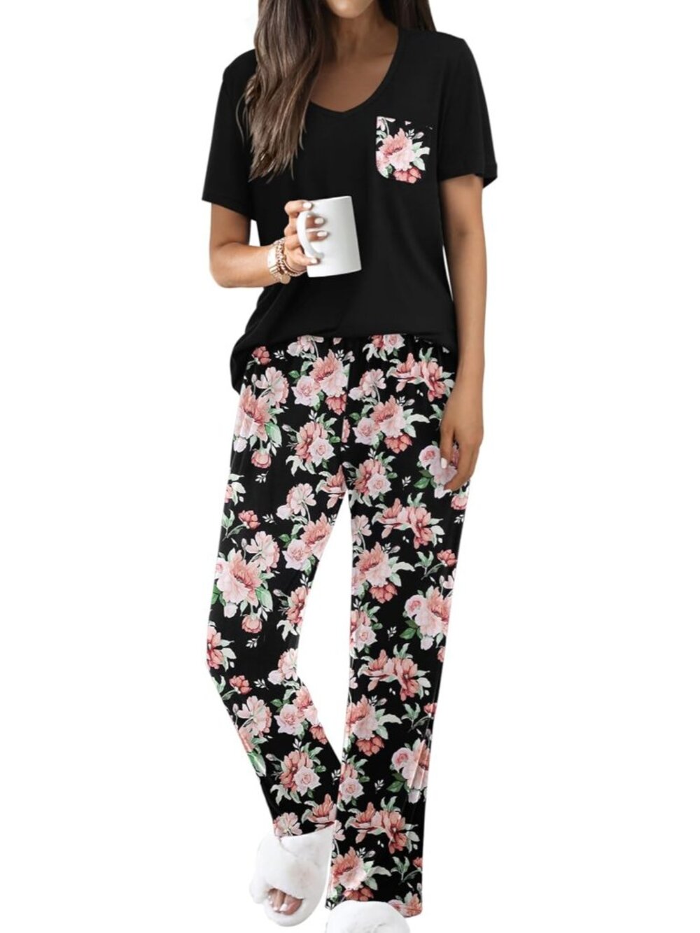 Women Black-Pink Flower V Neck Short Sleeve Shirt Sleepwear 2 Piece Pajama Sets